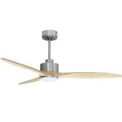 Modulo slim - Super destratificateur et ventilateur DC 132 cm Chrome pales bois clair avec Lumière 25 à 35 m²