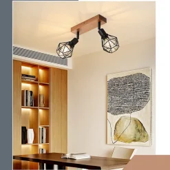 NETTLIFE 2 spots de plafond noir bois vintage E14 en métal, plafonnier pour cuisine salon chambre salle à manger, max 25W