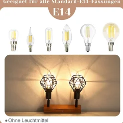 NETTLIFE 2 spots de plafond noir bois vintage E14 en métal, plafonnier pour cuisine salon chambre salle à manger, max 25W