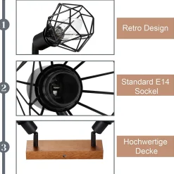 NETTLIFE 2 spots de plafond noir bois vintage E14 en métal, plafonnier pour cuisine salon chambre salle à manger, max 25W