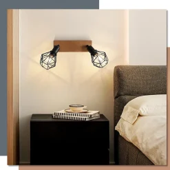 NETTLIFE 2 spots de plafond noir bois vintage E14 en métal, plafonnier pour cuisine salon chambre salle à manger, max 25W