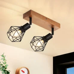 NETTLIFE 2 spots de plafond noir bois vintage E14 en métal, plafonnier pour cuisine salon chambre salle à manger, max 25W