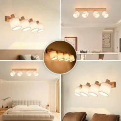 NETTLIFE 4 Spots de plafond salon bois moderne E14 MAX.25W lampe écran en tissu pour chambre cuisine couloir,sans ampoule