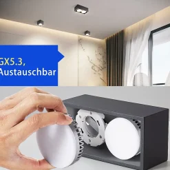 NETTLIFE 2 Spots de plafond en saillie noir avec lumière orientable blanc chaud moderne 2x5W GX53 carré plat pour salon