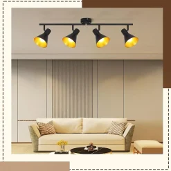 NETTLIFE 4 Spots Plafonnier Salon Noir Vintage 71CM E14 Métal Industriel pour Chambre Cuisine Couloir