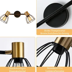 Nettlife Applique murale d'intérieur, lampe murale vintage, douille E14, noire, métal à 2 lumières (Sans ampoules)