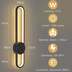 NETTLIFE Applique murale LED d'intérieur - 12W lampe d'escalier 60cm noir lampe de couloir design moderne 3000K