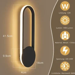 NETTLIFE Applique murale LED d'intérieur - 12W lampe d'escalier 41cm noir lampe de couloir design moderne 3000K