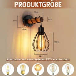 NETTLIFE Applique murale avec interrupteur applique vintage : applique murale en bois noir E27 industriel