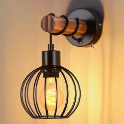 NETTLIFE Applique murale salon vintage bois : applique avec interrupteur éclairage mural noir au design industriel E27