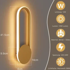 NETTLIFE Applique murale LED d'intérieur - Lampe d'escalier 12W 41cm Lampe de couloir dorée Design moderne 3000K Blanc chaud