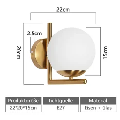 NETTLIFE Applique murale vintage boule de verre dorée E27 lampe murale d'intérieur chambre escalier