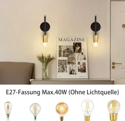 NETTLIFE Applique Murale Intérieur Vintage E27 Industriel 1 Ampoule Noir Rétro Métal 2 Pièces