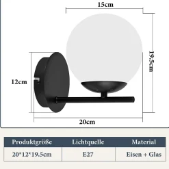 NETTLIFE Applique Noir Intérieure - E27 Métal Design Moderne en verre Lampe de Lit Applique Salle de Bain Vintage Lampe de Couloir