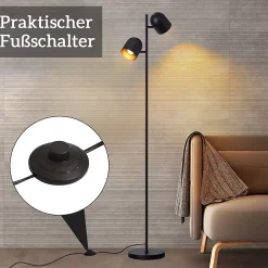 NETTLIFE Lampadaire 2 Ampoules Noir Doré Métal E14 Rétro Industriel Lampadaire