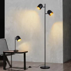 NETTLIFE Lampadaire 2 Ampoules Noir Doré Métal E14 Rétro Industriel Lampadaire