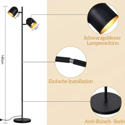 NETTLIFE Lampadaire 2 Ampoules Noir Doré Métal E14 Rétro Industriel Lampadaire