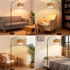 Nettlife Lampadaire Arqué en Rotin Style Bohème Vintage Dimmable, Noir