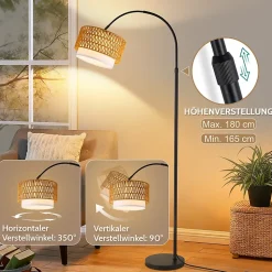 Nettlife Lampadaire Arqué en Rotin Style Bohème Vintage Dimmable, Noir