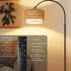 Nettlife Lampadaire Arqué en Rotin Style Bohème Vintage Dimmable, Noir
