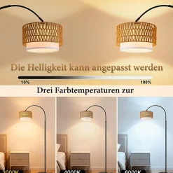 Nettlife Lampadaire Arqué en Rotin Style Bohème Vintage Dimmable, Noir