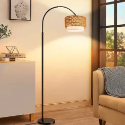 Nettlife Lampadaire Arqué en Rotin Style Bohème Vintage Dimmable, Noir