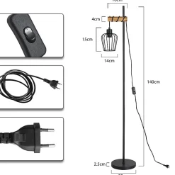 NETTLIFE Lampadaire de salon en bois Lampe de sol vintage : Lampe de salon noire Lampadaire sur pied E27 146 cm (sans ampoule)