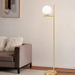 NETTLIFE Lampadaire doré industriel avec interrupteur au pied, design métallique en verre blanc, E27 , câble de 2 mètres