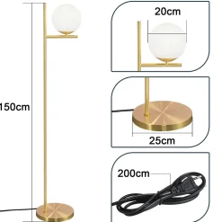 NETTLIFE Lampadaire doré industriel avec interrupteur au pied, design métallique en verre blanc, E27 , câble de 2 mètres