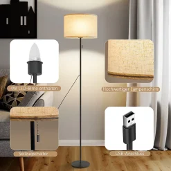 NETTLIFE Lampadaire LED à Intensité Variable Rétro Abat-jour En Tissu Pour Salon Avec Interrupteur à Tirette