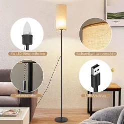 NETTLIFE Lampadaire LED à Intensité Variable Rétro Abat-jour En Tissu Pour Salon Avec Interrupteur à Tirette