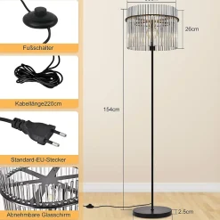 NETTLIFE lampadaire noir avec abat-jour en verre lampe sur pied E27 avec interrupteur au pied (ampoule non incluse)