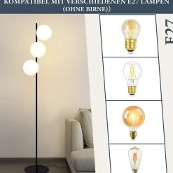 NETTLIFE Lampadaire noir - Moderne Lampadaire Salon à 3 flammes avec interrupteur à pied Métal Design Verre E27 Vintage