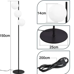NETTLIFE Lampadaire noir - Moderne Lampadaire Salon à 3 flammes avec interrupteur à pied Métal Design Verre E27 Vintage