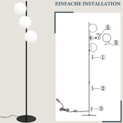 NETTLIFE Lampadaire noir - Moderne Lampadaire Salon à 3 flammes avec interrupteur à pied Métal Design Verre E27 Vintage