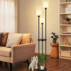 NETTLIFE Lampadaire salon E27 vintage 3 lampes abat-jour tissu interrupteur au pied