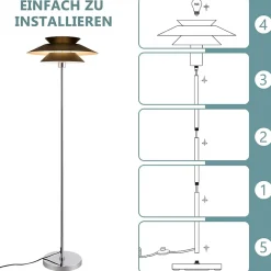 NETTLIFE Lampadaire Salon Noir Moderne E27 1 flamme avec interrupteur à pied Vintage Métal Design Industriel Hauteur 145CM