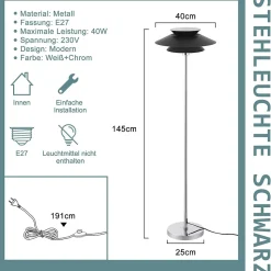 NETTLIFE Lampadaire Salon Noir Moderne E27 1 flamme avec interrupteur à pied Vintage Métal Design Industriel Hauteur 145CM