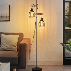 Nettlife lampadaire salon lampadaire noir : lampadaire bois métal industriel e27 lampadaire 2 lumières 152cm (sans ampoule)