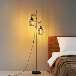 Nettlife lampadaire salon lampadaire noir : lampadaire bois métal industriel e27 lampadaire 2 lumières 152cm (sans ampoule)