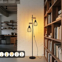 Nettlife lampadaire salon lampadaire noir : lampadaire bois métal industriel e27 lampadaire 2 lumières 152cm (sans ampoule)