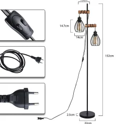 Nettlife lampadaire salon lampadaire noir : lampadaire bois métal industriel e27 lampadaire 2 lumières 152cm (sans ampoule)