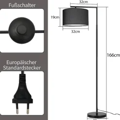 NETTLIFE Lampadaire salon noir, tissu, E27 max 40W, 166cm, sans ampoule