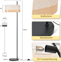 Nettlife Lampadaire Vintage Salon - Lampe sur Pied Tissu Blanc E27 Interrupteur à Pied, Rustique Rétro pour Chambre (Sans Ampoule)