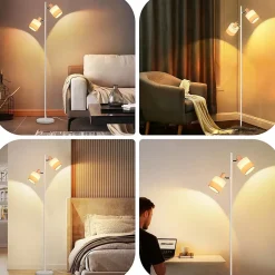 Nettlife Lampadaire Vintage Bois 2 Ampoules E14 - Rétro, Abat-jour Tissu, Rotatif, Interrupteur à Pied pour Salon (Sans Ampoules)