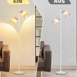 Nettlife Lampadaire Vintage Bois 2 Ampoules E14 - Rétro, Abat-jour Tissu, Rotatif, Interrupteur à Pied pour Salon (Sans Ampoules)