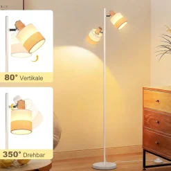 Nettlife Lampadaire Vintage Bois 2 Ampoules E14 - Rétro, Abat-jour Tissu, Rotatif, Interrupteur à Pied pour Salon (Sans Ampoules)
