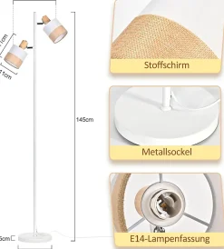 Nettlife Lampadaire Vintage Bois 2 Ampoules E14 - Rétro, Abat-jour Tissu, Rotatif, Interrupteur à Pied pour Salon (Sans Ampoules)