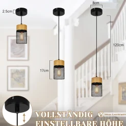 NETTLIFE Lampe à suspendre Vintage Bois veiné Table à manger Noir Industriel E27 25W Suspension