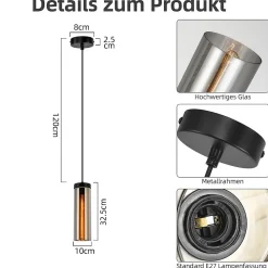 NETTLIFE Lampe à Suspension Pour Table à Manger En Verre Noir Mat Rétro 1 Flamme E27